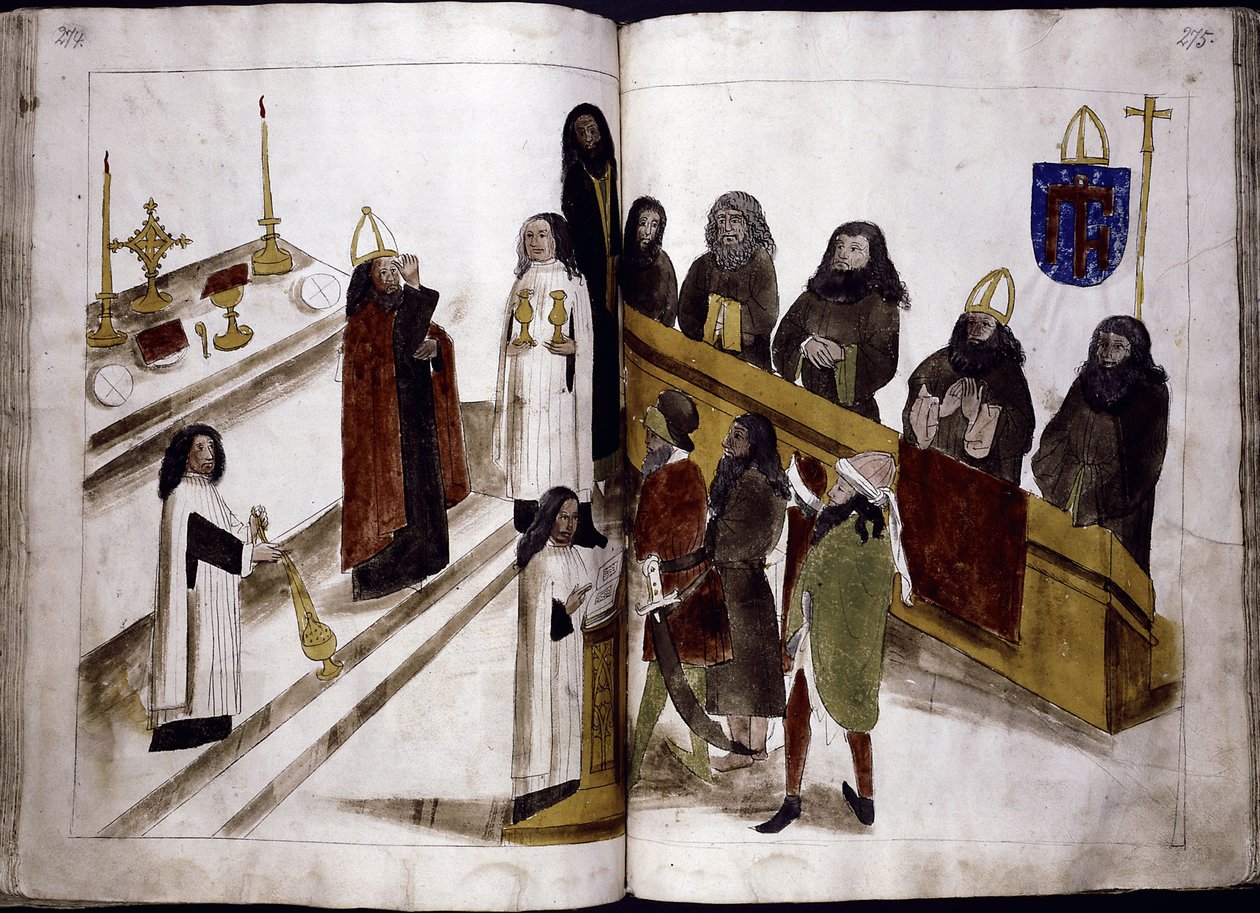 Jumalanpalvelus kreikkalaisen ortodoksisen rituaalin mukaan julkaisusta: Ulrich Richental Chronicle of Constance of Constance, 1414-1418 tekijältä Unbekannt