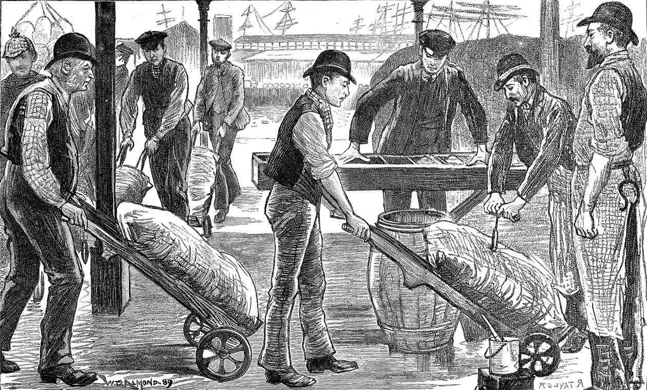 Dockers purkamassa sokeria West India Docksissa Lontoossa, 1889 tekijältä Unbekannt