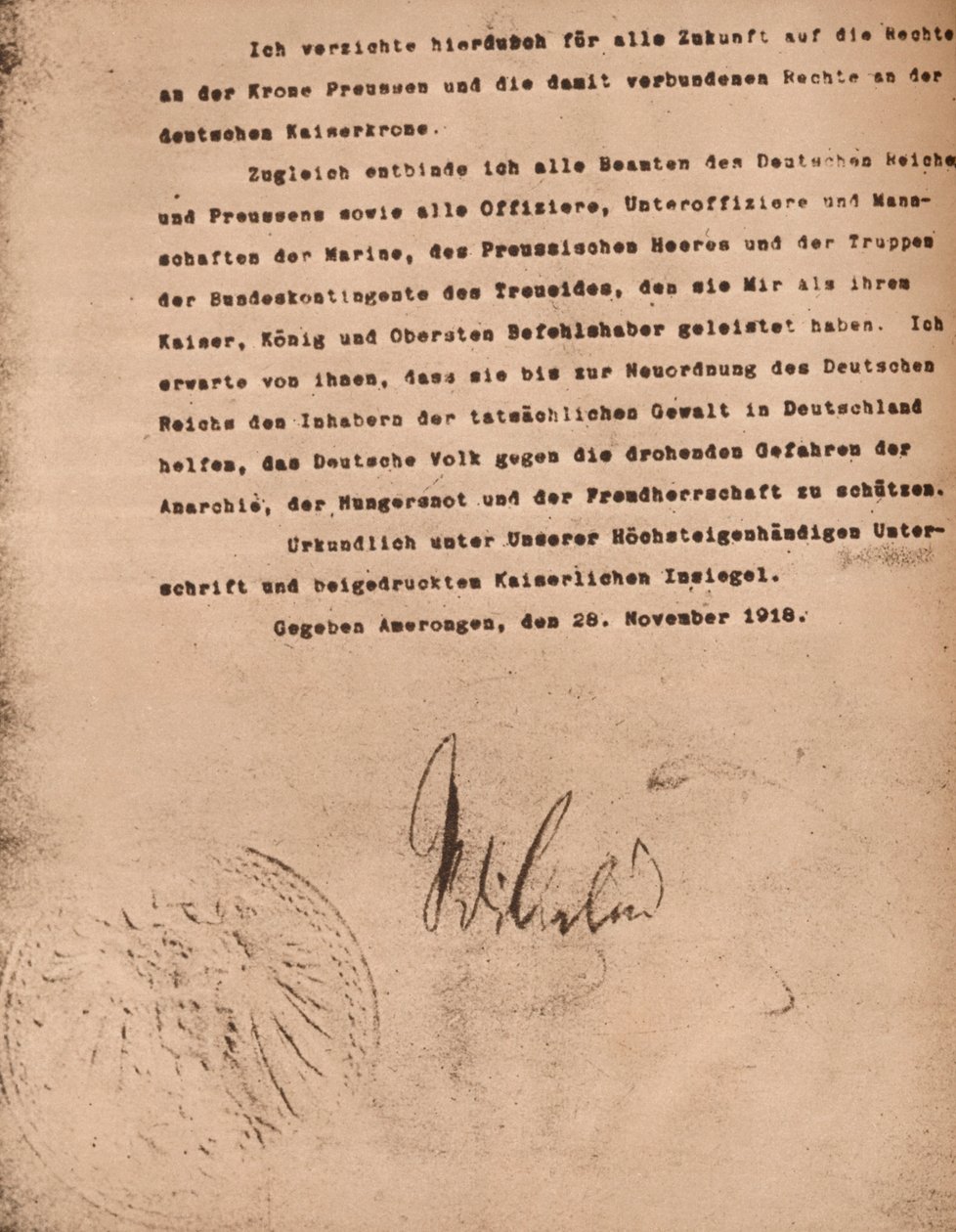 Asiakirja, joka vahvistaa Saksan keisari Wilhelm II:n kruunusta luopumisen, 9.11.1918 1935. tekijältä Unbekannt