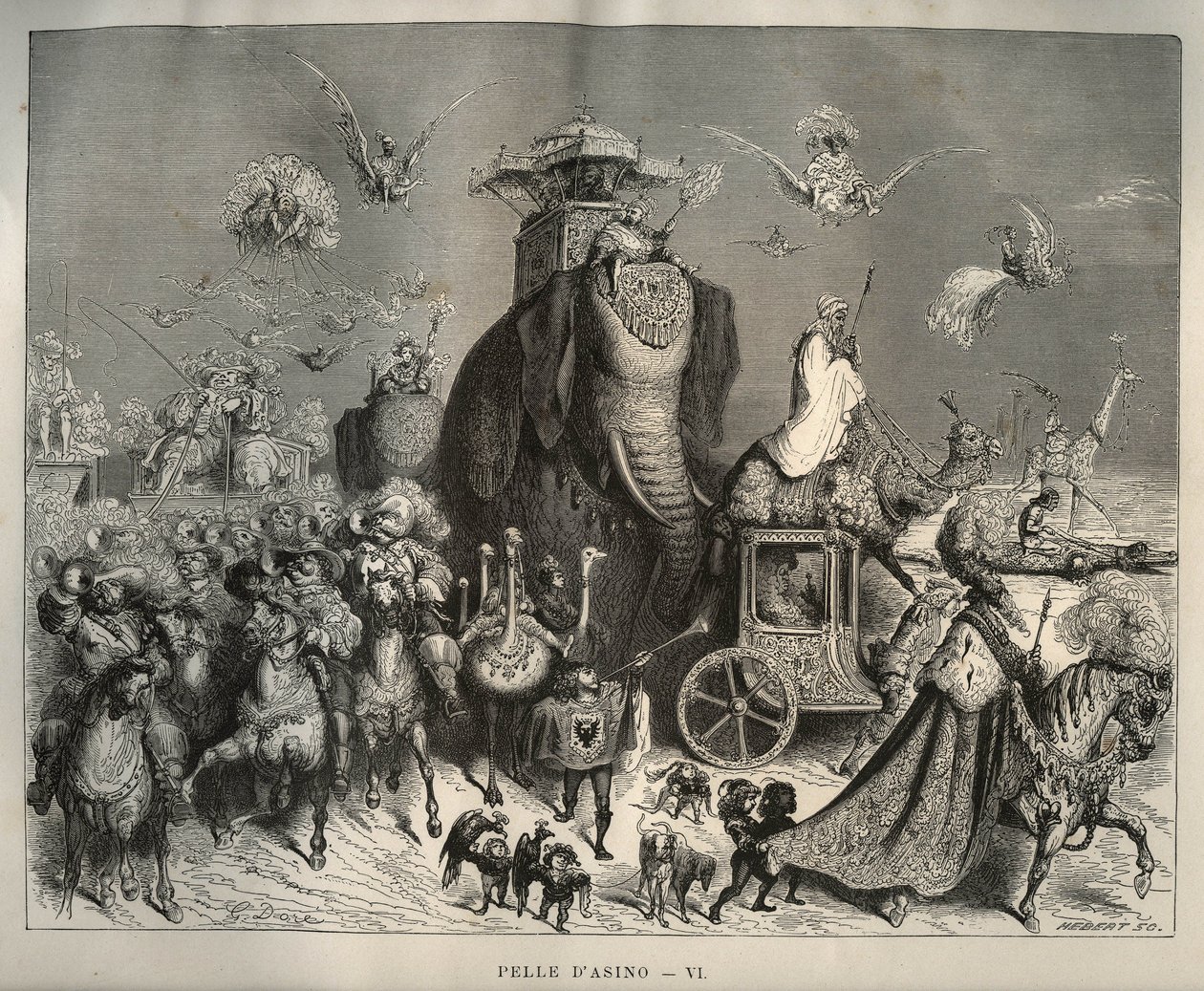 Aasin iho: karossi ja morsiuskorteesi. Gustave Doren (1832-1883) kaiverrus Charles Perraultin (1628-1703) teoksesta "Les contes" tekijältä Unbekannt