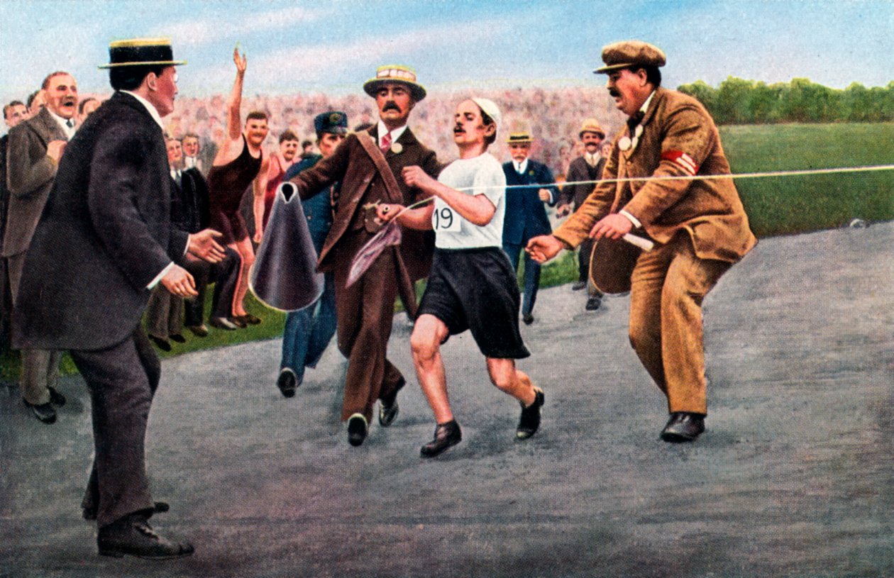 Dorando Pietri maaliin ensimmäisen modernin olympiamaratonin Lontoossa 1908 tekijältä Unbekannt