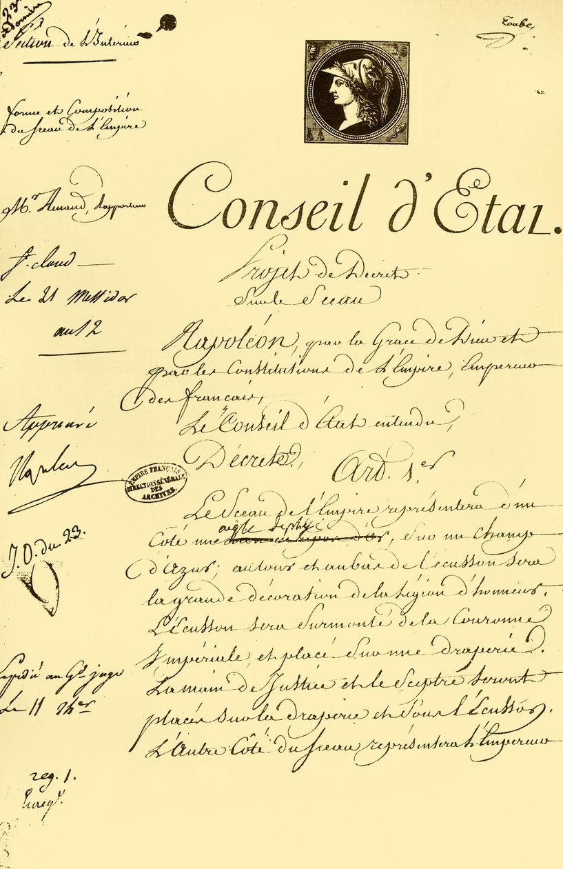 Asetusluonnos keisarillisen sinetin muodosta ja koostumuksesta, 10.7.1804, 1921. tekijältä Unbekannt
