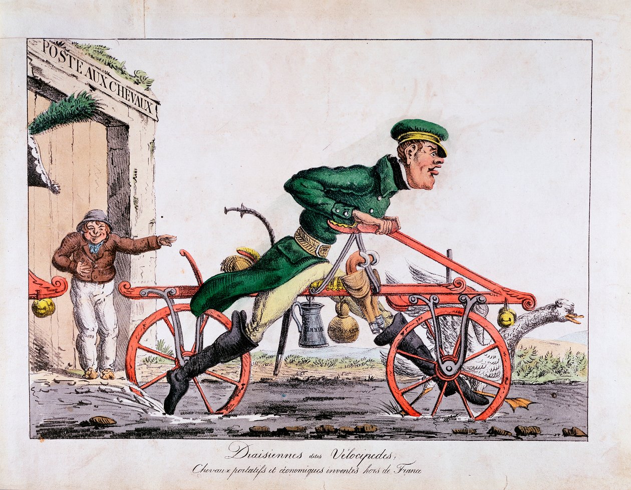 Draisienne tai velocipede, joka on esitetty hevosia korvaavana Ranskan postissa, 1818 tekijältä Unbekannt