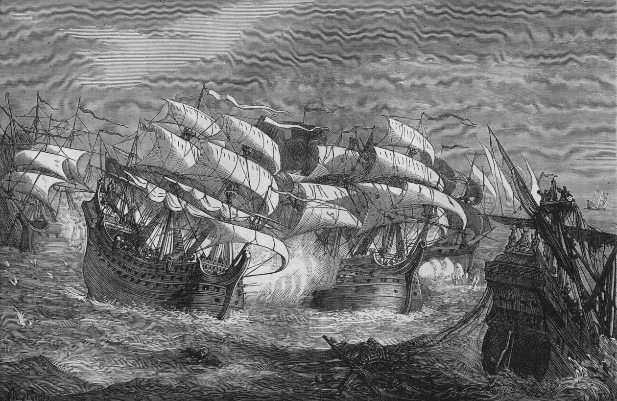 Drake hyökkää Espanjan aarrelaivaan, c1578, c1880 tekijältä Unbekannt