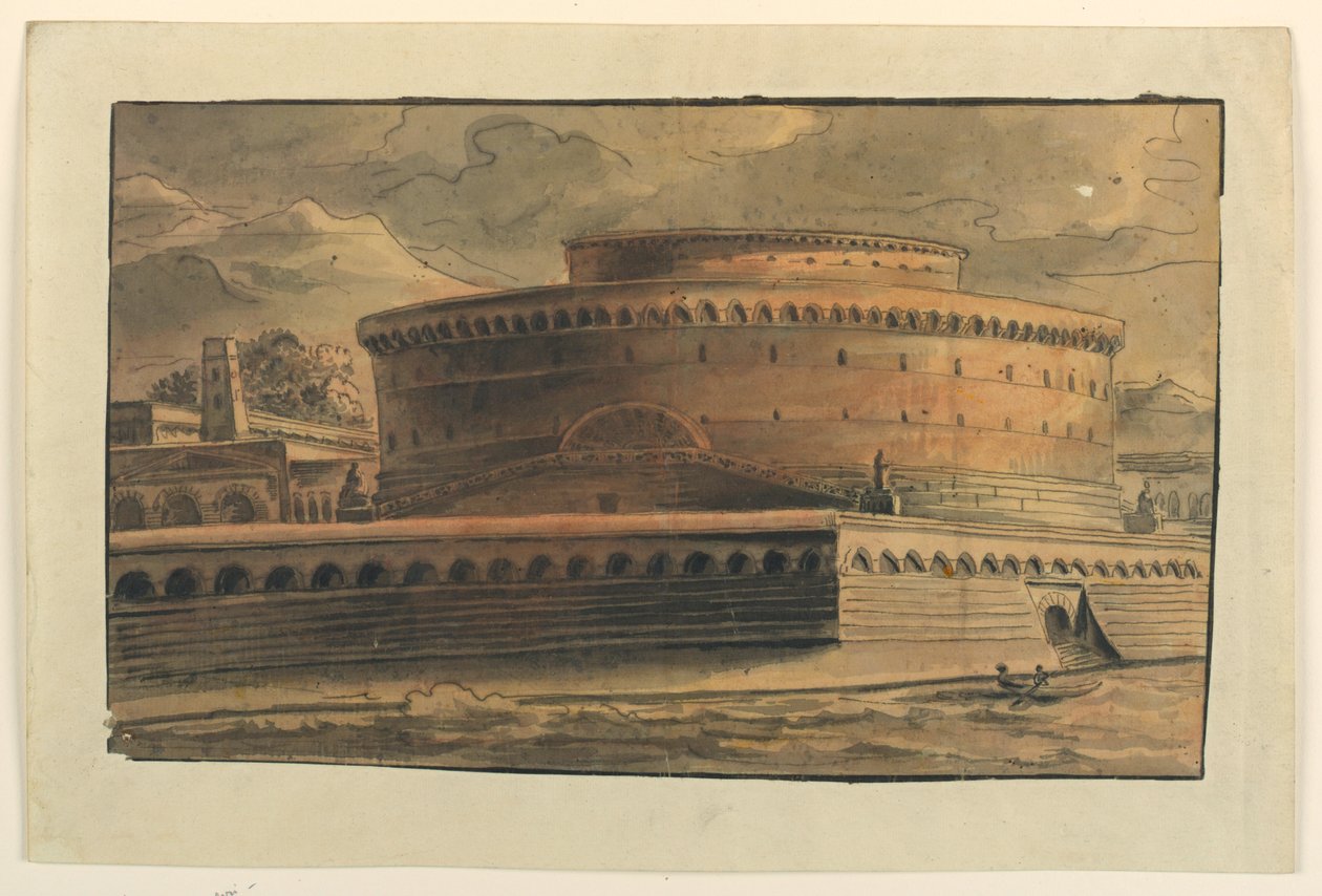 Piirustus, näyttämösuunnitelma, ympyrärakennuksen ulkoasu, 1800-luvun alku tekijältä Unbekannt