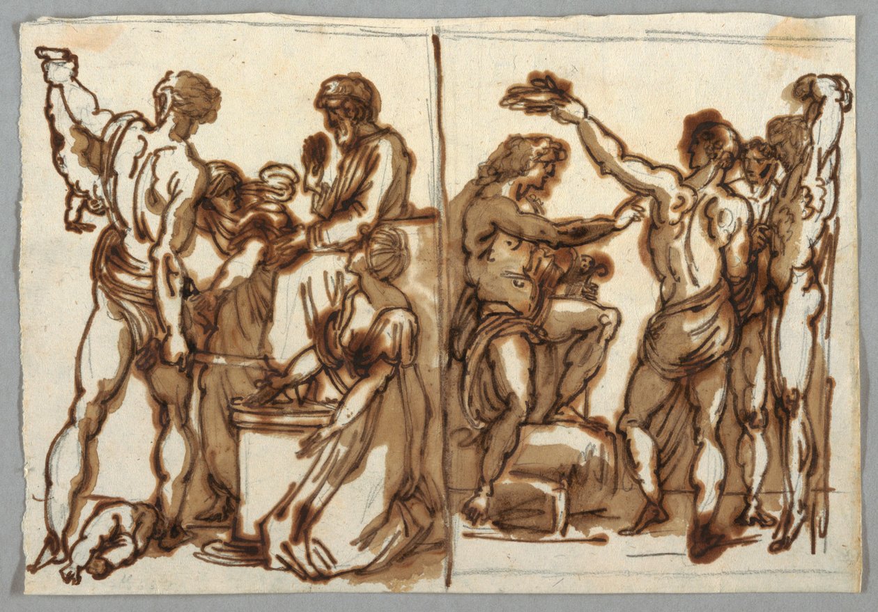 Piirustus, Salomon tuomio; Marsyasin kuolema, n. 1820 tekijältä Unbekannt