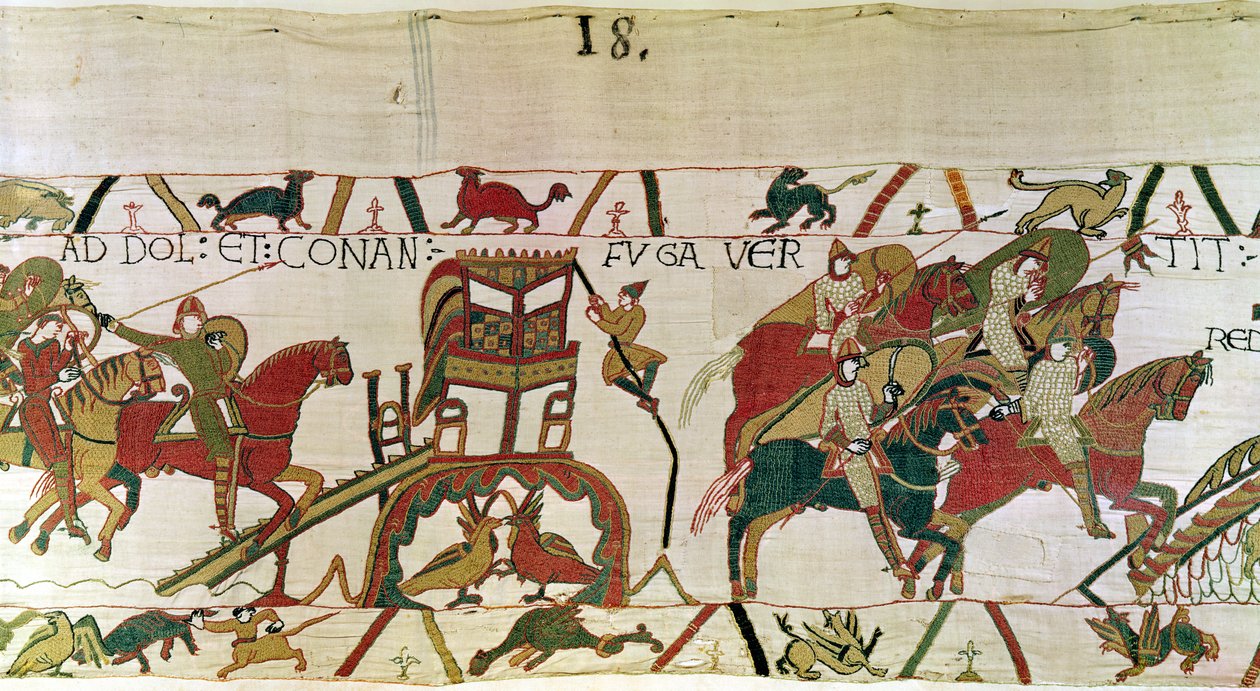 Duke Conan pakenee Dolista herttua Williamin ritarit takaa-ajossa, Bayeux Tapestry (villakirjonta pellavalle) tekijältä Unbekannt