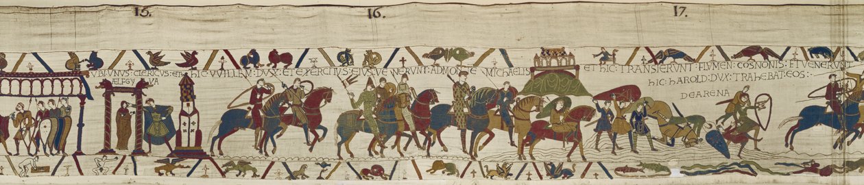 Herttua William johdattaa armeijansa Bretagneen, missä Harold urheasti elvyttää sotilaita juoksuhiekasta, Bayeux Tapestry (villakirjonta pellavalle) tekijältä Unbekannt