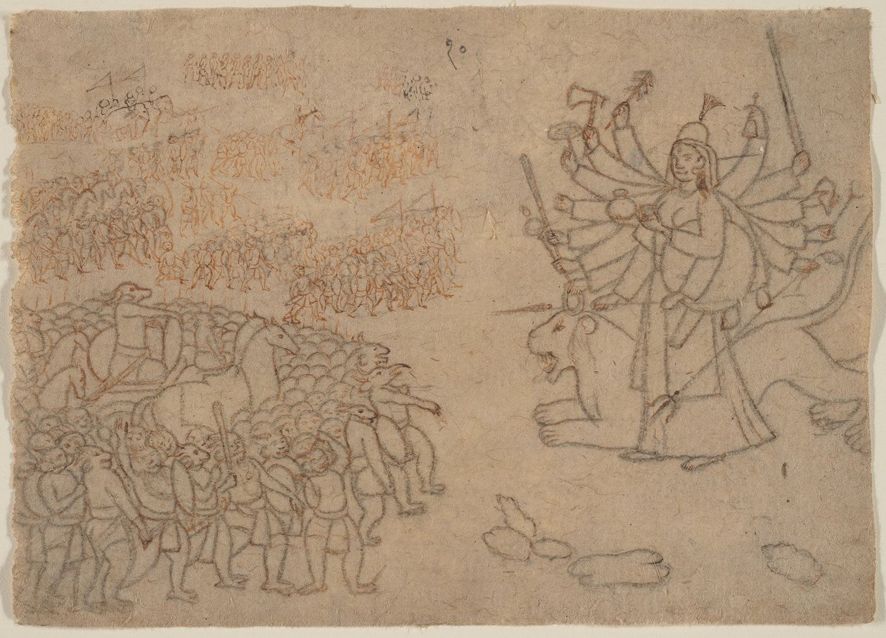 Durga kohtaa demonin Chikshuran armeijan: kohtaus Devi Mahatmyasta, n. 1780. tekijältä Unbekannt