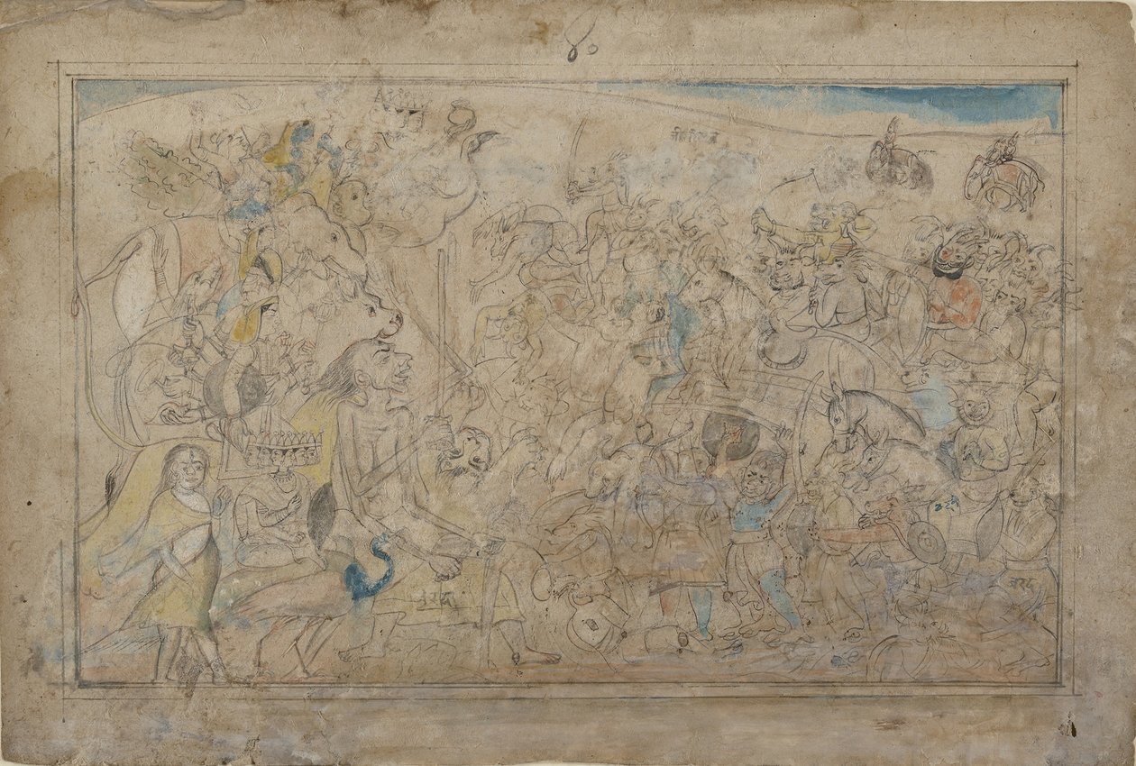 Durga, Kali ja viisi matrikasta taistelevat demoni Shumbhan demoniarmeijaa vastaan..., ka. 1780. tekijältä Unbekannt