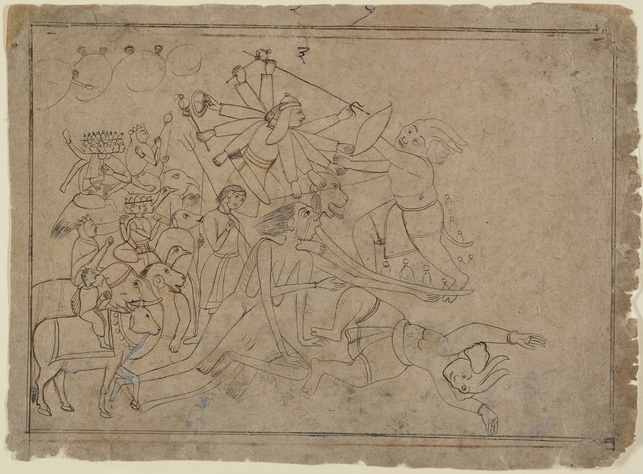 Durga, Kali ja matrikas taistelevat demoni Raktabijaa vastaan: kohtaus Devi Mahatmyasta, Ka. 1780. tekijältä Unbekannt