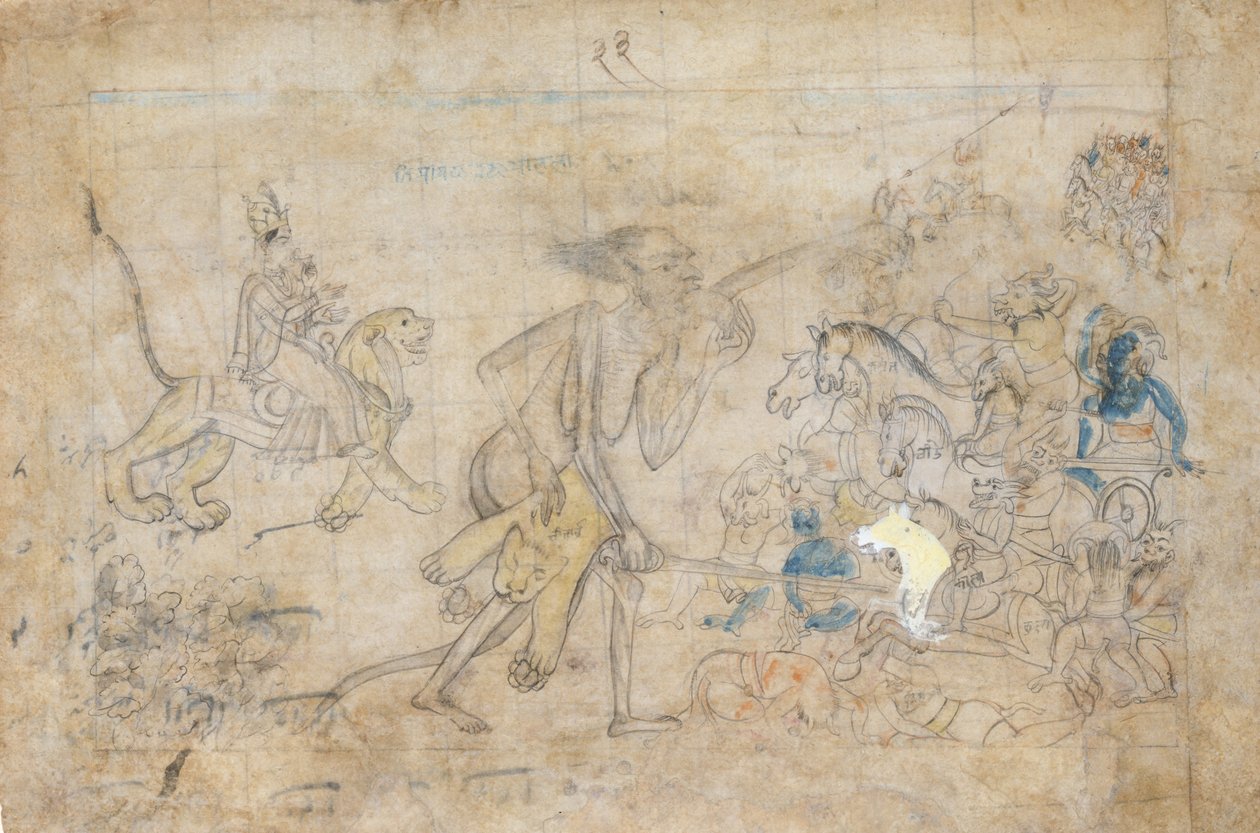 Durga ja Kali lähestyvät Chandan ja Mundan koottuja armeijoita..., n. 1780. tekijältä Unbekannt