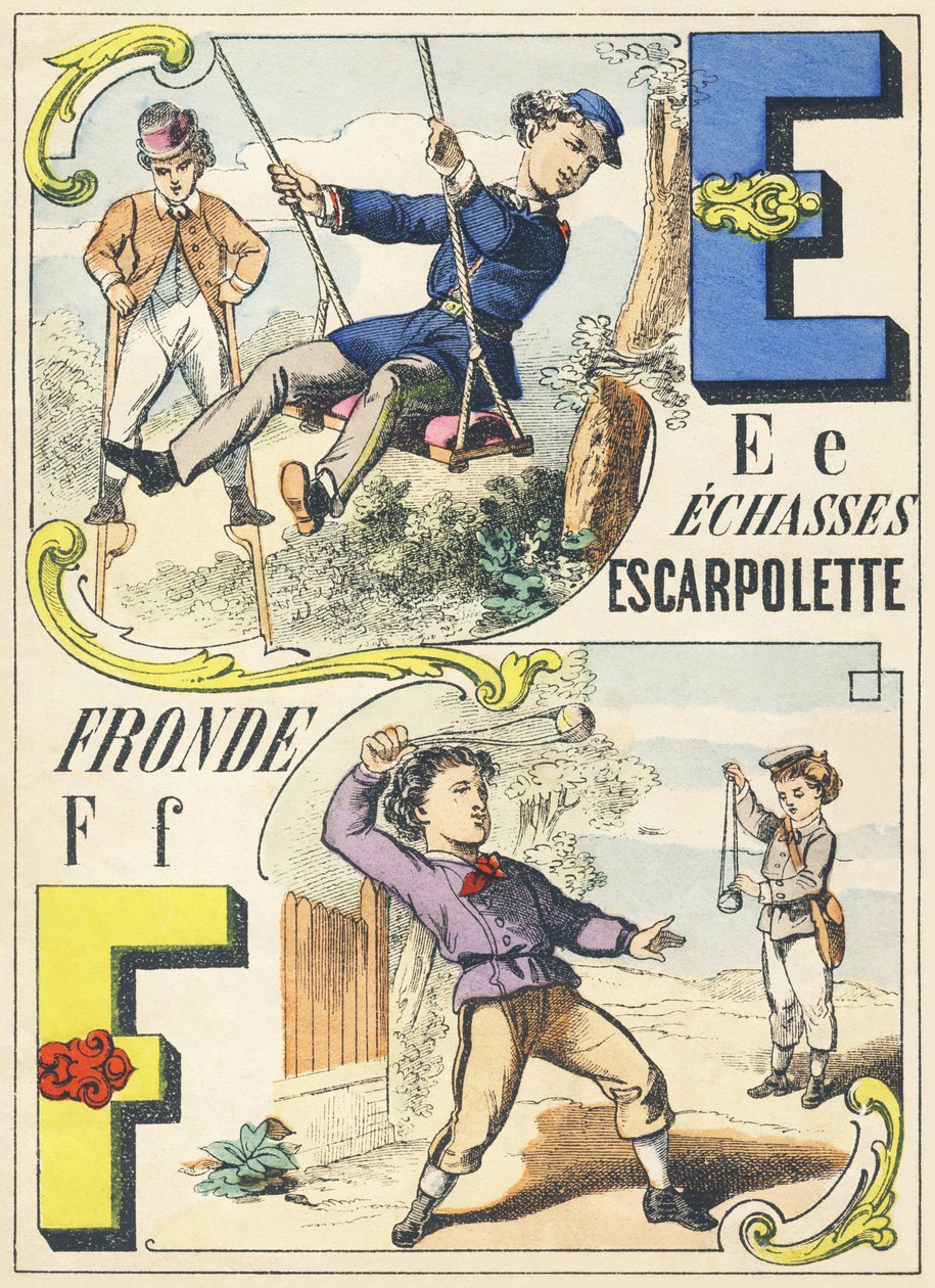 E F : echasses, escarpolette, fronde - Games Alphabet, n. 1890 (kuva) tekijältä Unbekannt