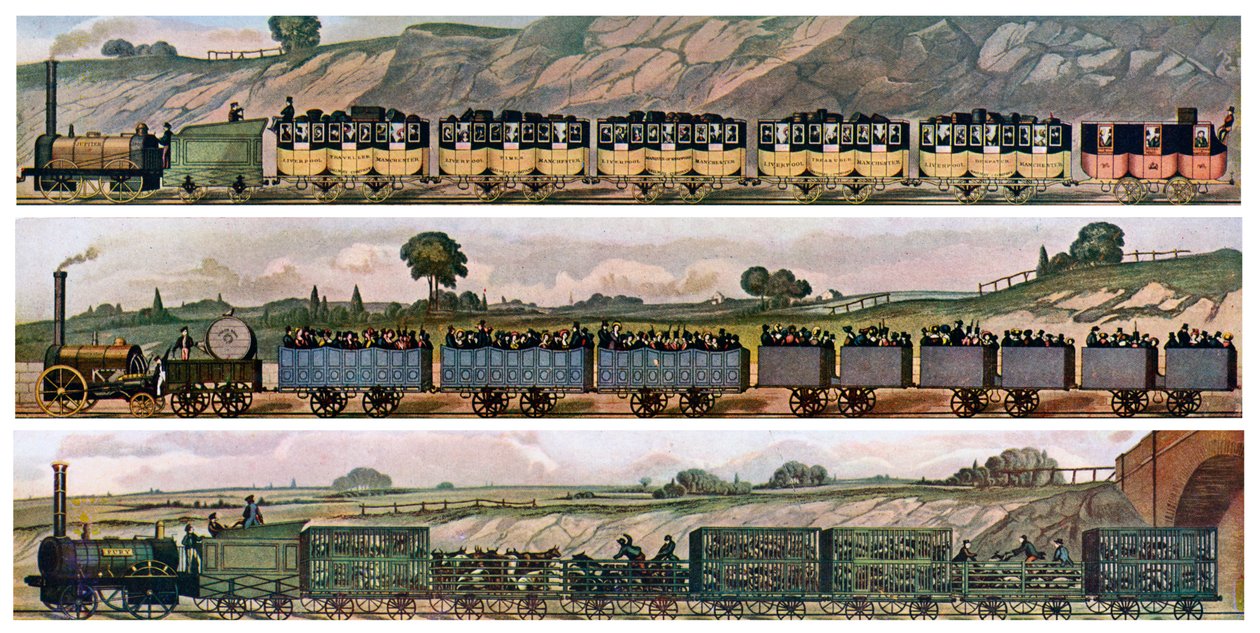 Varhaiset rautatielinja-autot, Liverpool ja Manchester Railway, Englanti, 1831, c1900-1920 tekijältä Unbekannt