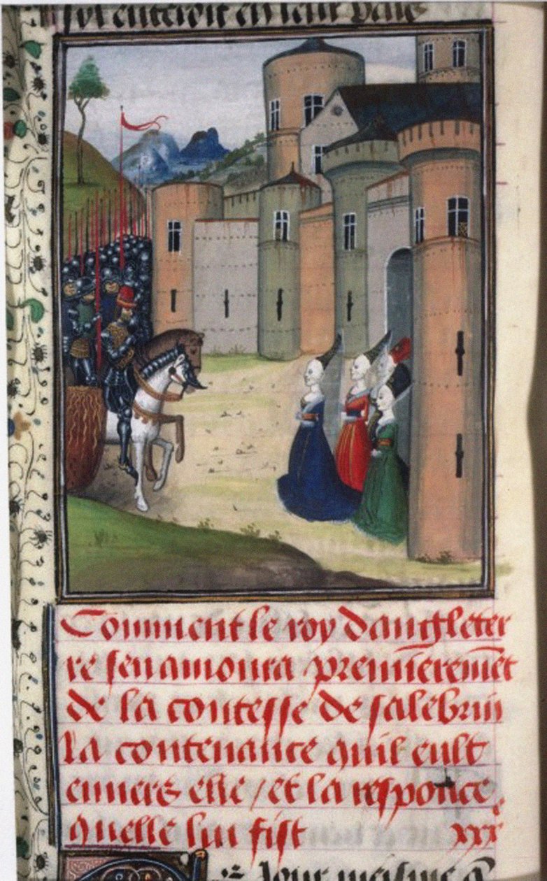 Edward III Englannista ja Catherine Grandison. Jean de Wavin Chroniques dAngleterren pienoismalli tekijältä Unbekannt