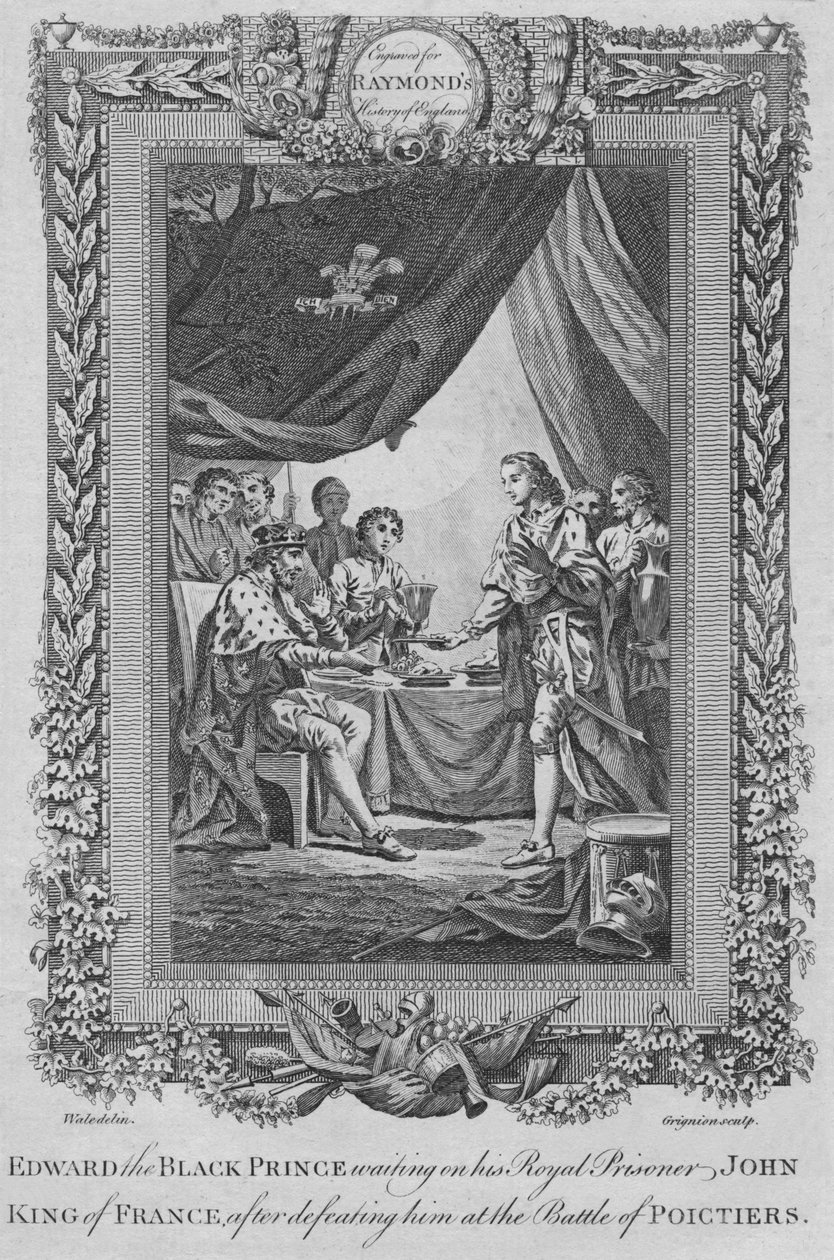 Edward Musta prinssi odottaa kuninkaallista vankiaan Johnia, Ranskan kuningasta, vuodelta 1787 tekijältä Unbekannt