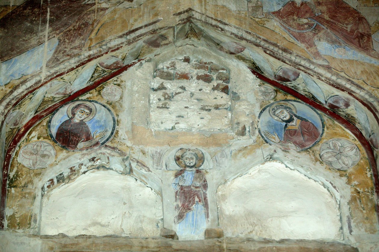 Saint Macairen kirkko. Freskot Siunatusta Neitsytestä ja Pyhästä Johannes Kastajasta, jotka rukoilevat Kristuksen puolesta ihmiskunnan puolesta. Saint Macaire of Scete luostari tai Deir Abu Magar tai Deir Amba Makar, Egypti tekijältä Unbekannt