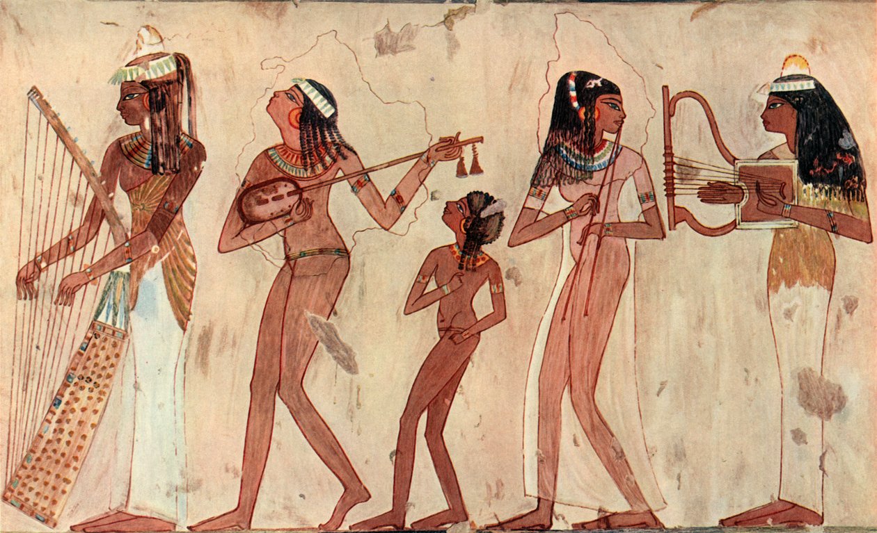 Egyptiläinen kaariharppu, luuttu, kaksoisoboe ja lyyra, hautamaalaus Veset Thebesissä n. 1420-1411 eaa. tekijältä Unbekannt