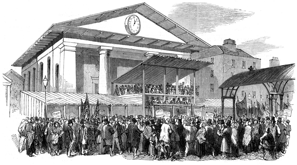 Vaalijuhlat Covent Gardenissa Westminsterin vaalien aikana Lontoossa 1852 tekijältä Unbekannt
