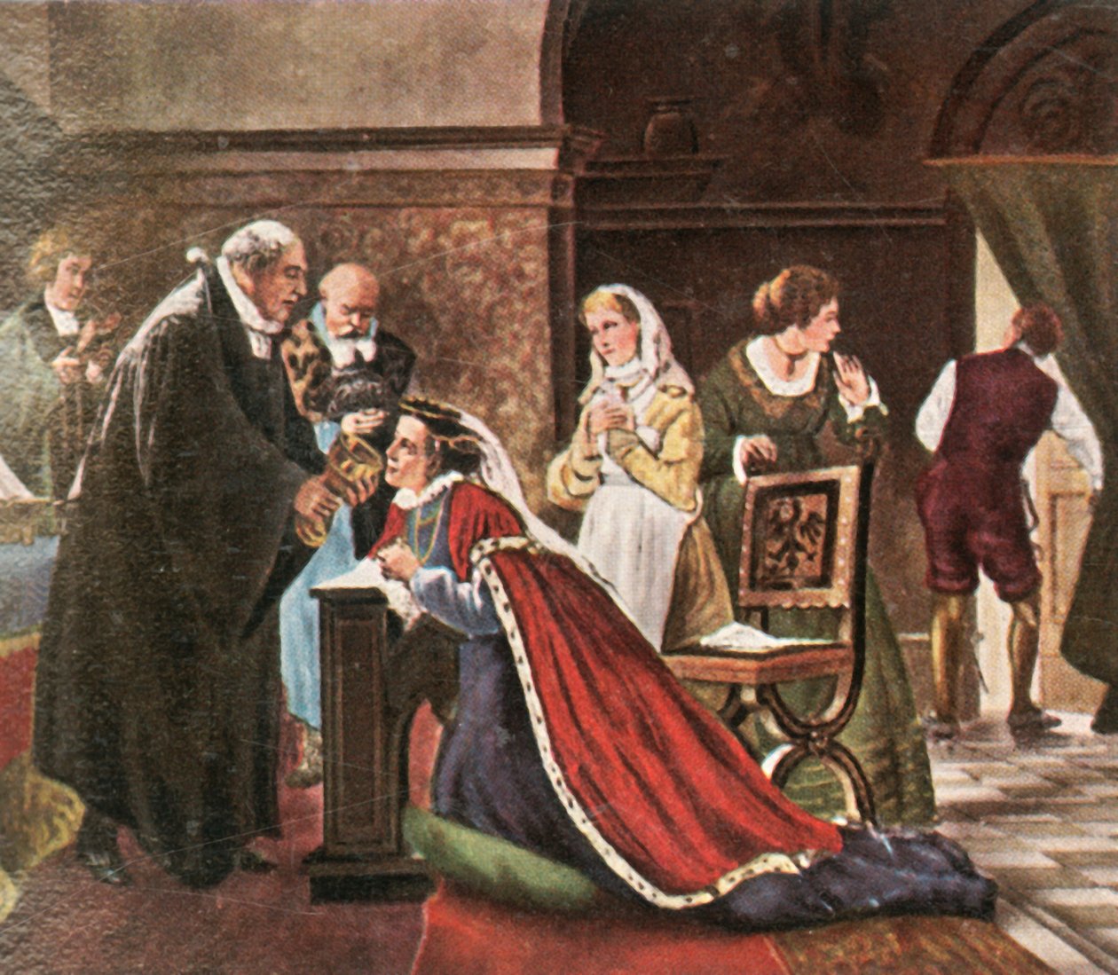 Valtsija Elisabeth ottaa ehtoollisen protestanttisen jumalanpalveluksen jälkeen vuonna 1936. tekijältä Unbekannt
