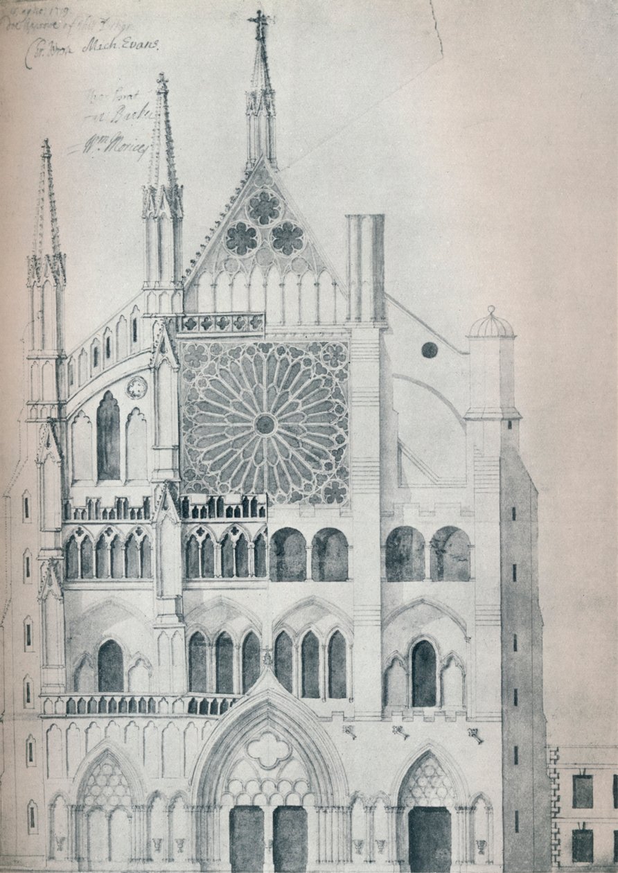 North Transeptin korkeus, Westminster Abbey, näkyy kunnostussuunnitelma Wrens-leikkauksella tekijältä Unbekannt