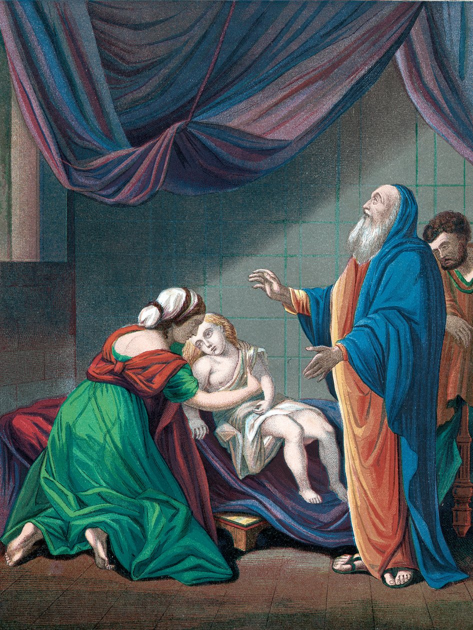 Elia, Vanhan testamentin profeetta, herättää lesken pojan näennäisestä kuolemasta, n. 1860 tekijältä Unbekannt