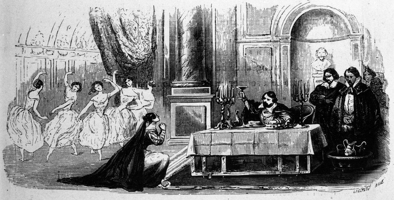 Elvira pyytää Don Giovannia muuttamaan tapojaan, kohtaus Wolfgang Amadeus Mozartin Don Giovannista (kaiverrus) tekijältä Unbekannt