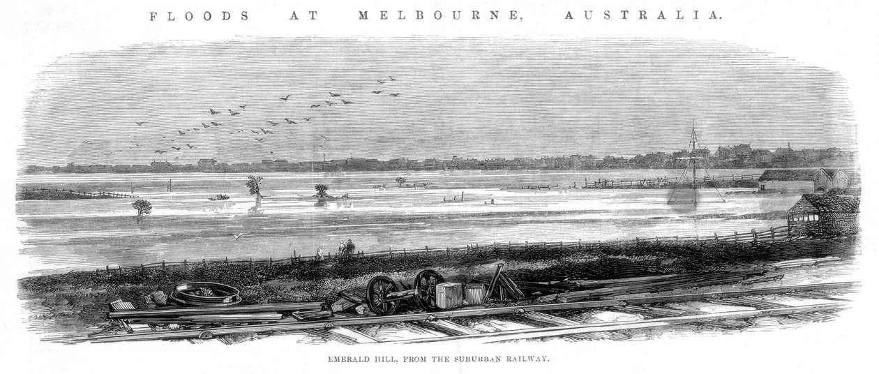 Emerald Hill, esikaupunkirautatieltä - Tulvat Melbournessa, Australiassa, 1864 tekijältä Unbekannt