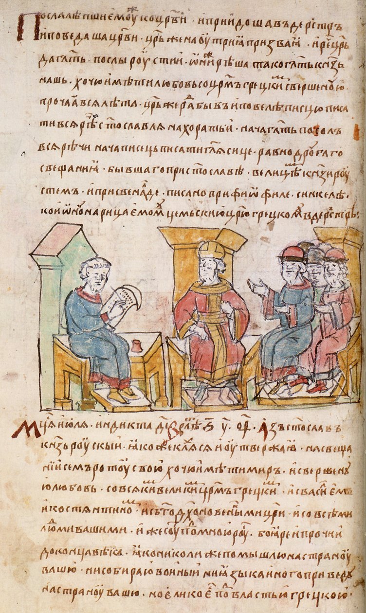 Keisari Johannes I Tzimiskes tapaa Svjatoslav I:n Kiovan suurlähettiläitä Radziwill-kronikasta, 1400-luku tekijältä Unbekannt