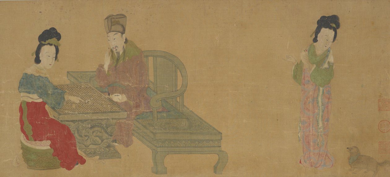 Keisari Minghuang ja puoliso Yang pelaavat Weiqiä, Ming- tai Qing-dynastia, 1600-luku. tekijältä Unbekannt