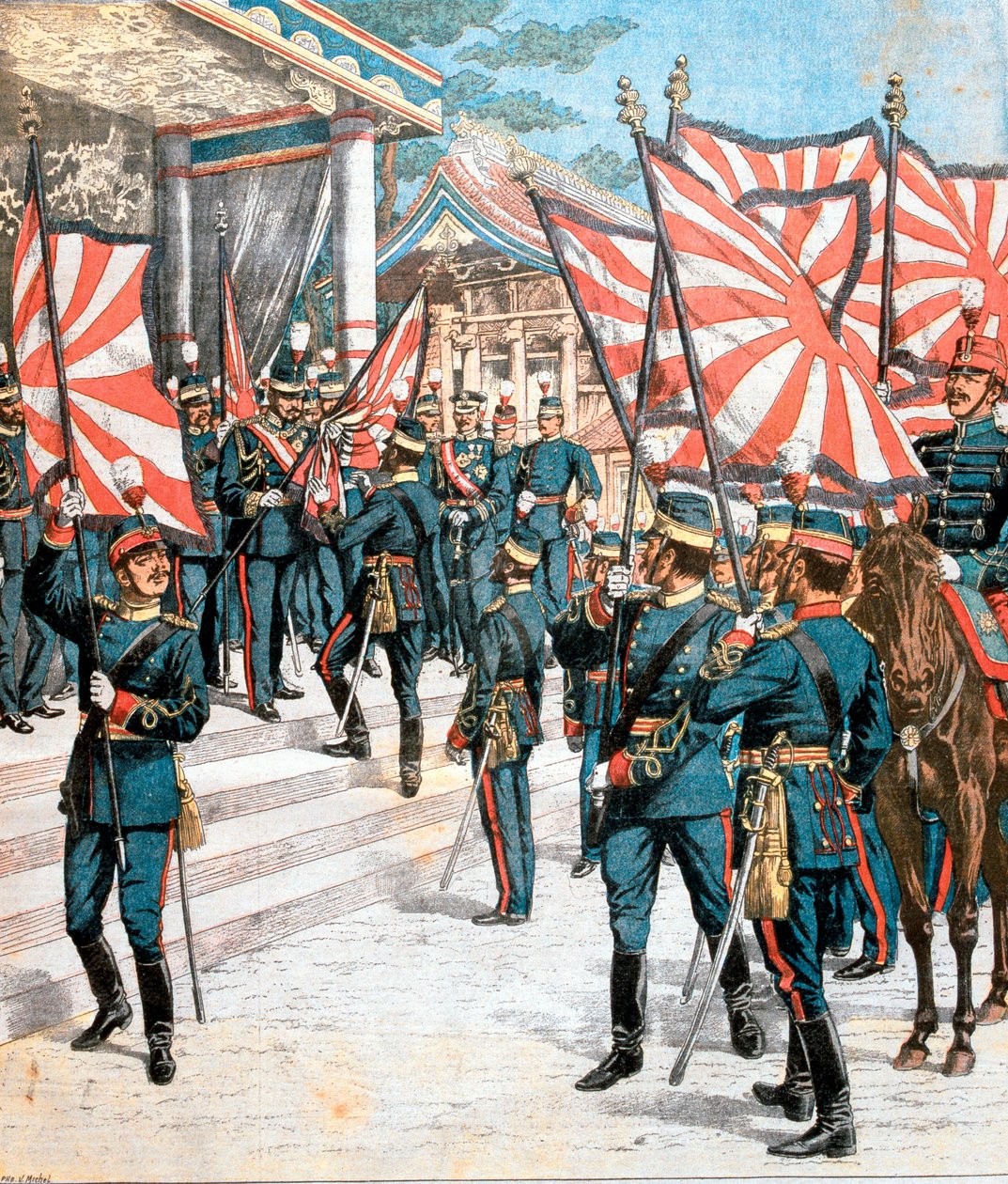 Japanin keisari esittelee värejä japanilaisille rykmenteille, 1904 tekijältä Unbekannt
