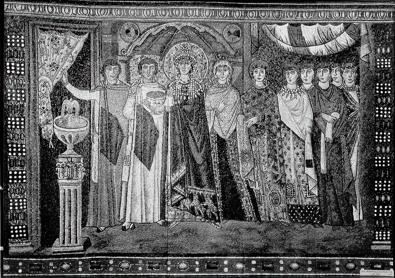Keisarinna Theodora ja hänen hovinsa jäsenet, Bysantti, 1900-luvun alun alkuperäinen 6. vuosisadalta. tekijältä Unbekannt