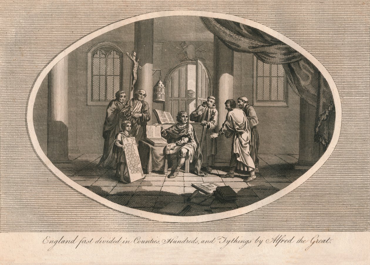 Alfred Suuri jakoi Englannin kreivikuntiin, satoihin ja kymmenysosoihin, 880-luku 1793 tekijältä Unbekannt