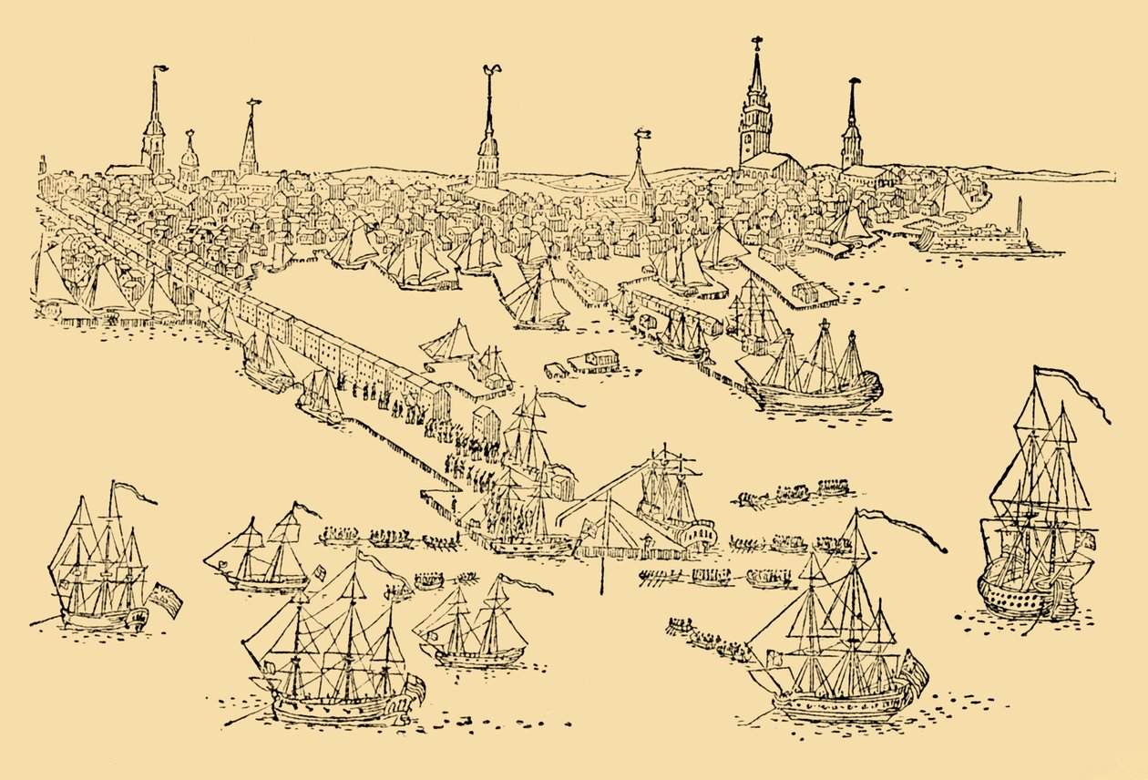Englannin sota-alukset Bostonissa, jossa teejuhlat pidettiin vuonna 1768, n. 1930. tekijältä Unbekannt
