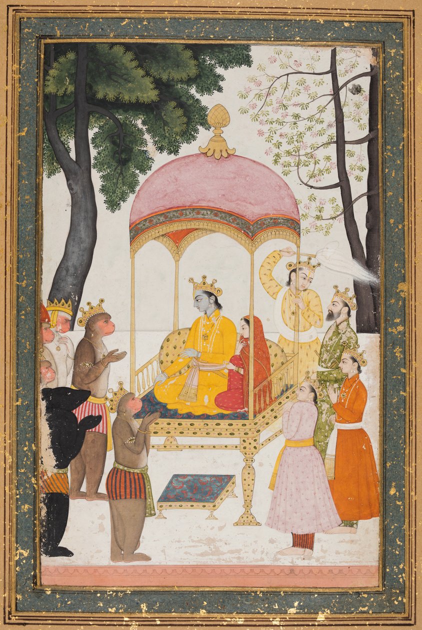 Valtaistuimella istuvat Rama ja Sita saavat kunnianosoituksen apina- ja karhuliittolaisiltaan, n. 1765. tekijältä Unbekannt