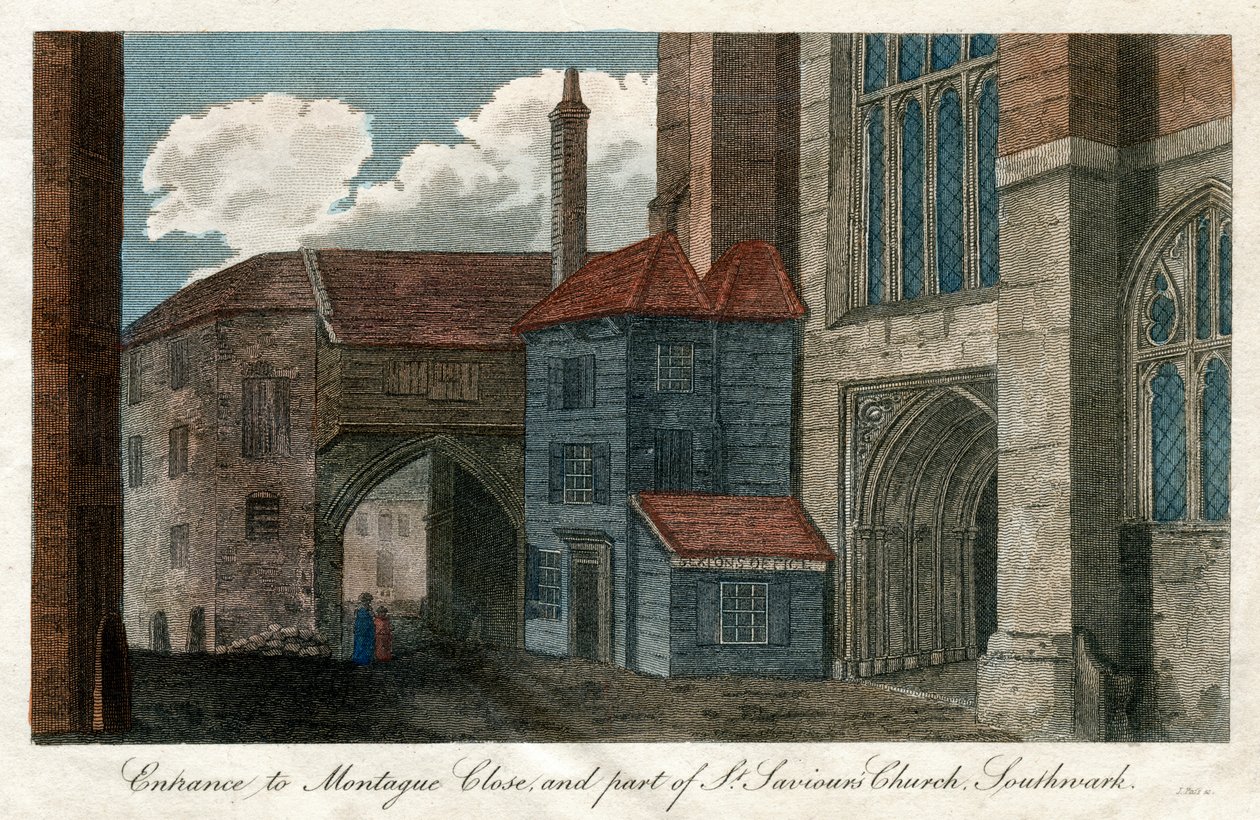 Sisäänkäynti Montague Closeen ja osa St Saviors Church -kirkkoa, Southwark, Lontoo, 1814 tekijältä Unbekannt