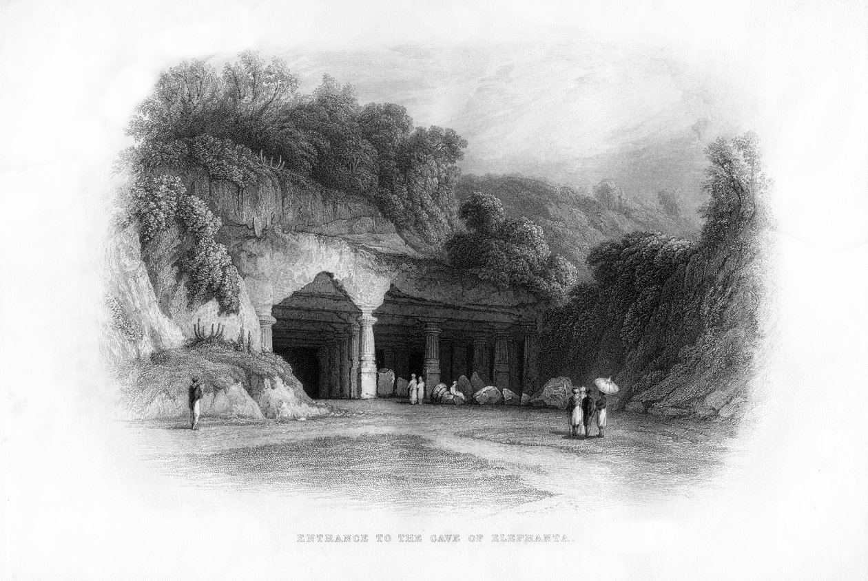 Sisäänkäynti Elephanta Cavesin Bombayssa, Intiassa, 1800-luku tekijältä Unbekannt