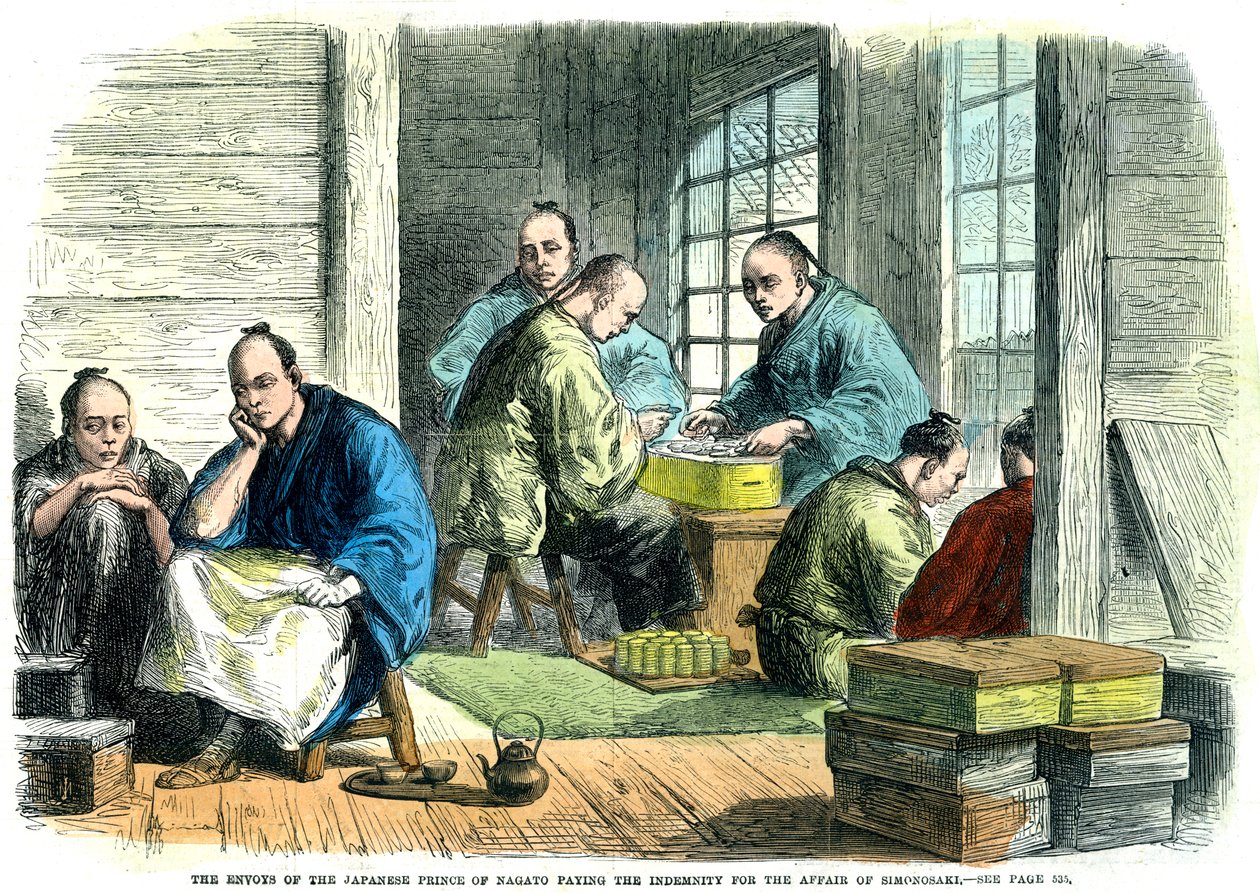 Japanilaisen Nagaton prinssin lähettiläitä maksamassa korvausta Simonosakin tapauksesta, 1865 tekijältä Unbekannt