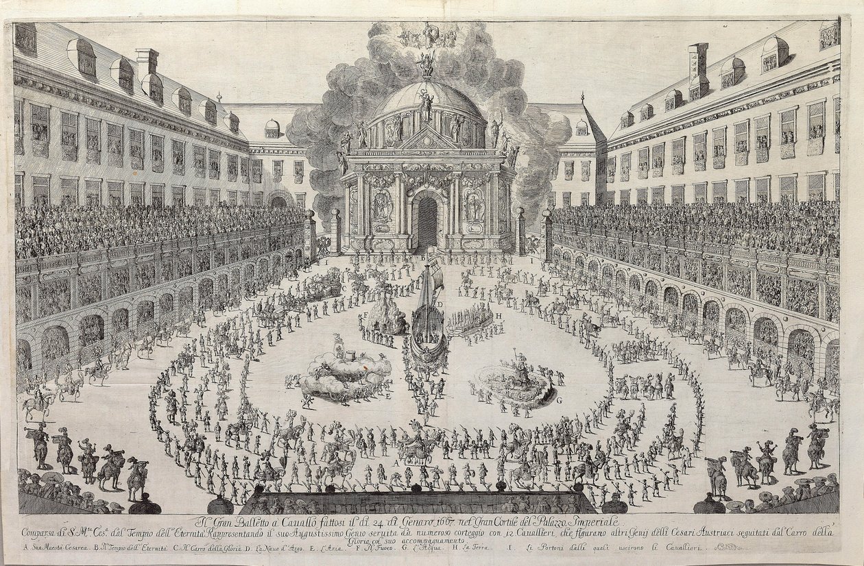 Ratsastusbaletti Wienin Hofburgin pihalla, 1667. tekijältä Unbekannt