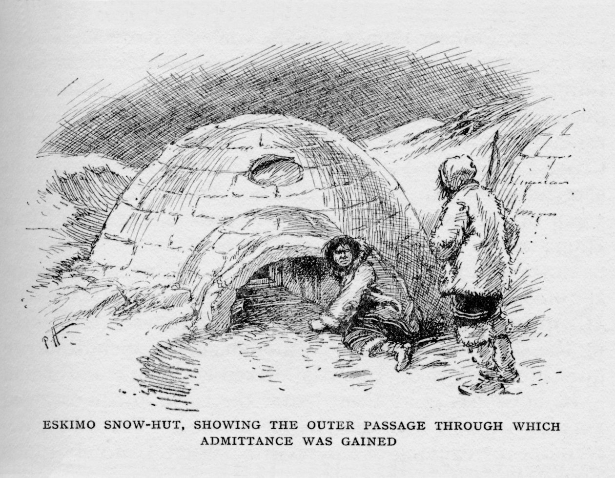 Eskimo Snow-Hut, näyttää ulkokäytävän, jonka kautta sisäänpääsy saatiin, c1927, 1928 tekijältä Unbekannt