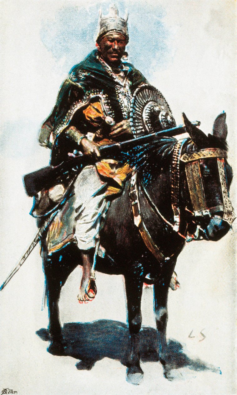 Etiopian sota: Menelik II:n (1844-1913), Etiopian keisarin (Negusin) (1889-1913) muotokuva 1900-luvun värillinen valokuva tekijältä Unbekannt