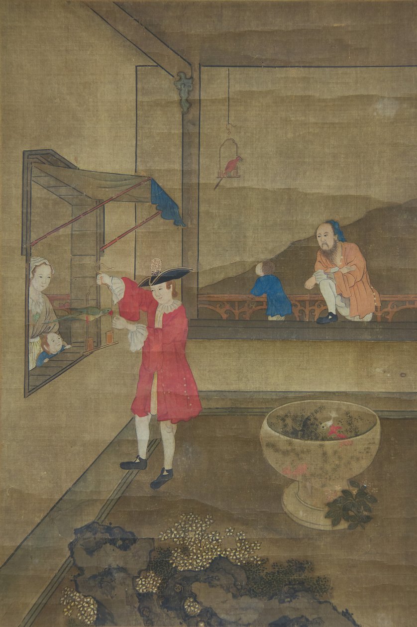 Eurooppalainen pariskunta ja lapsi leikkimässä papukaijan kanssa, 1700-luku. tekijältä Unbekannt