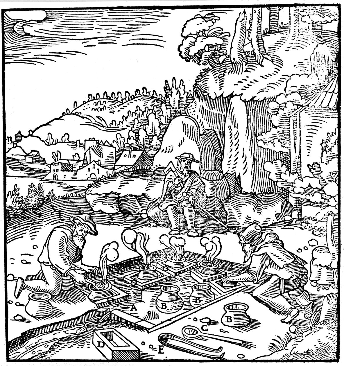 Haihdutetaan suolavettä kuumassa lähteessä suolan saamiseksi, 1556 tekijältä Unbekannt