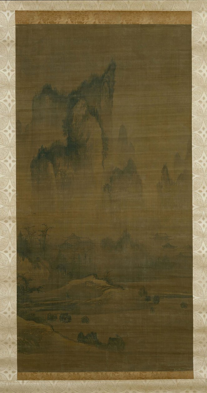 Iltakello sumun peittämästä temppelistä, syyskuu Dongting-järven yllä, n. 1450-1500. tekijältä Unbekannt