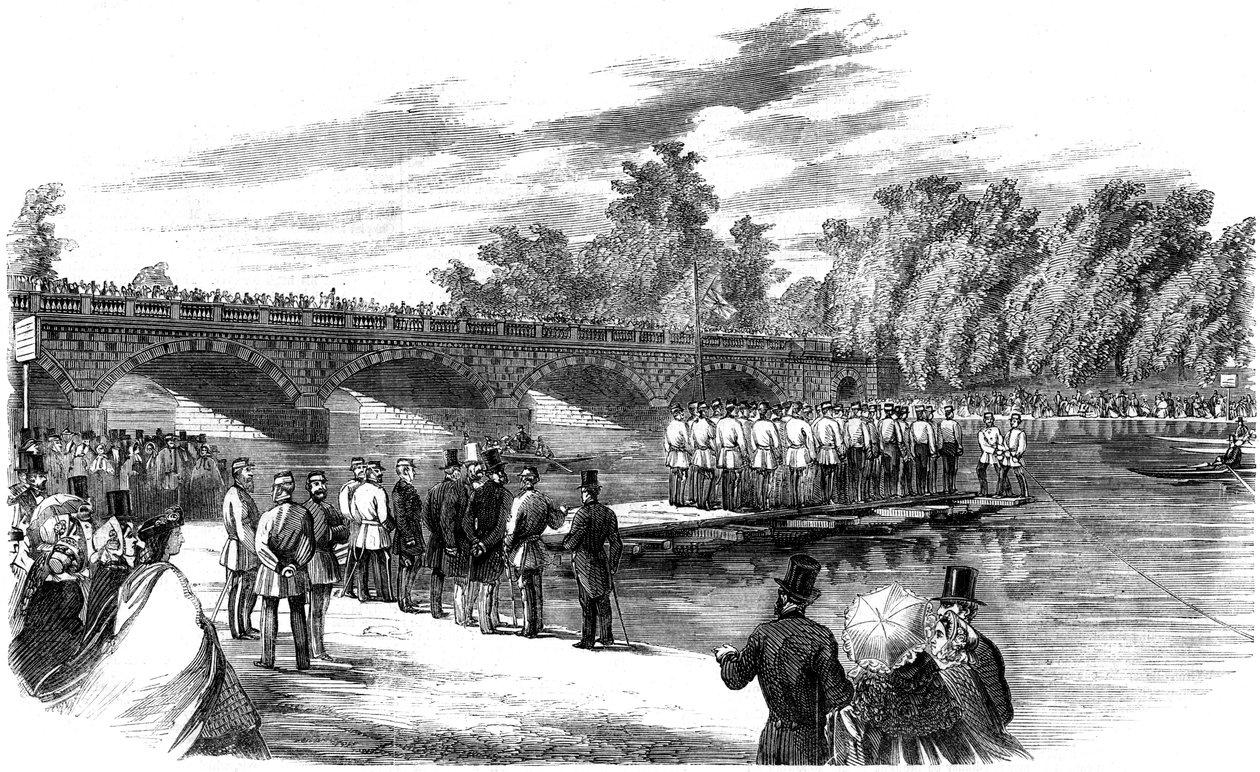 Kokeilut kapteeni Fowkesin ponttonisillalla Serpentinellä, Hyde Park, Lontoo, 1860 tekijältä Unbekannt