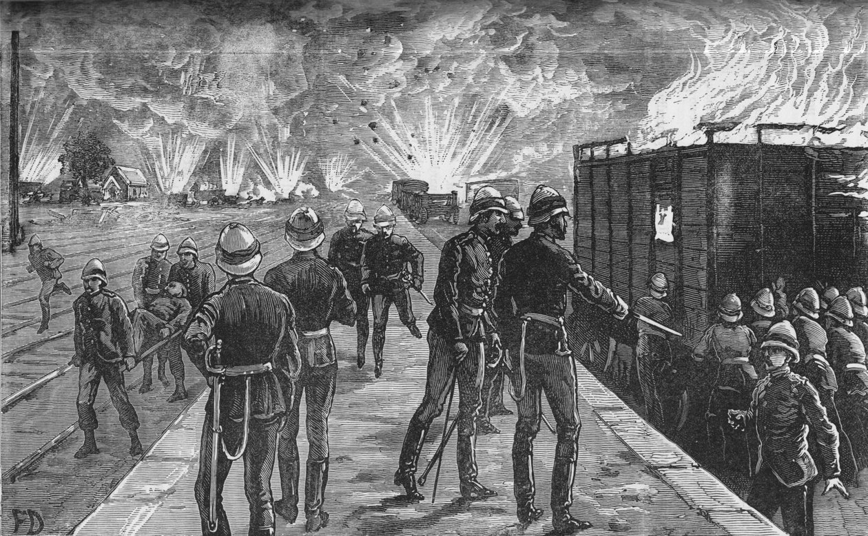 Räjähdys Kairon rautatieasemalla: Ammusten ja ammusten räjähdys, c1882-85 tekijältä Unbekannt
