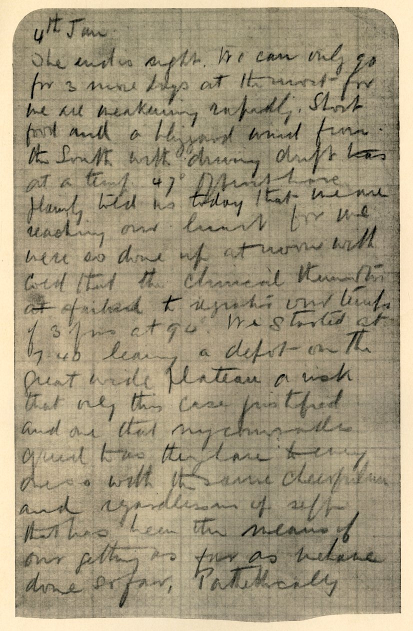 Faksimile sivusta Shackletons Diary, 4. tammikuuta 1909 tekijältä Unbekannt