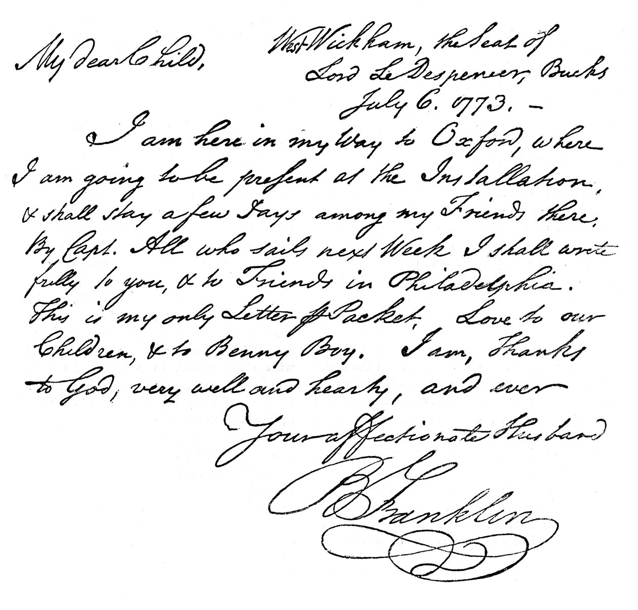 Faksimile Benjamin Franklinin kirjeestä vaimolleen, 1773 c1880 tekijältä Unbekannt