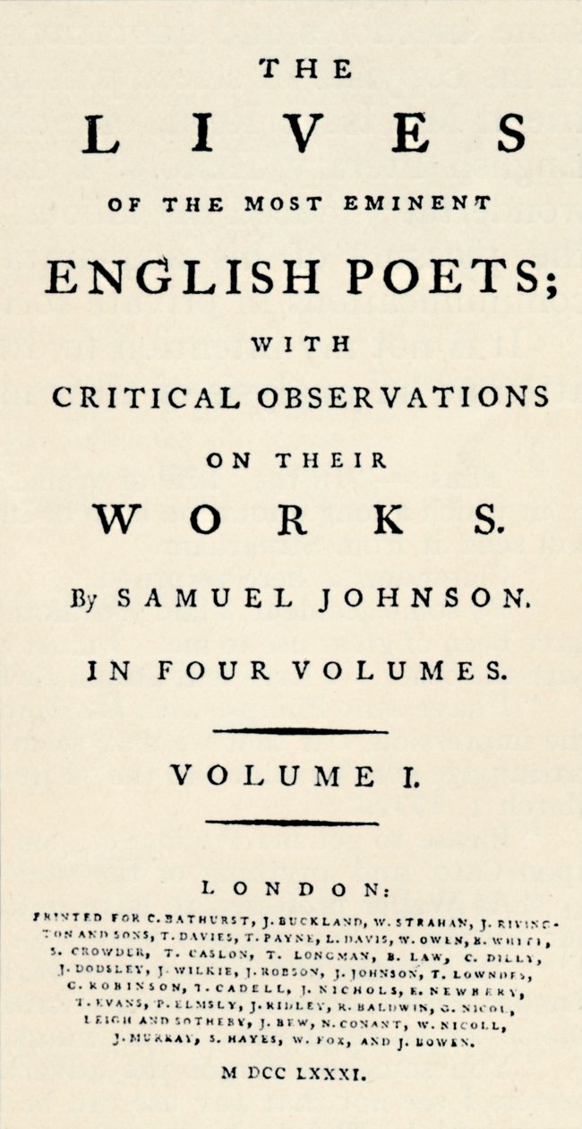 Johnsons Lives of the Poets -julkaisun faksinimikesivu pienennettynä - sellaisena kuin se on julkaistu uudelleen erillisessä muodossa. T tekijältä Unbekannt