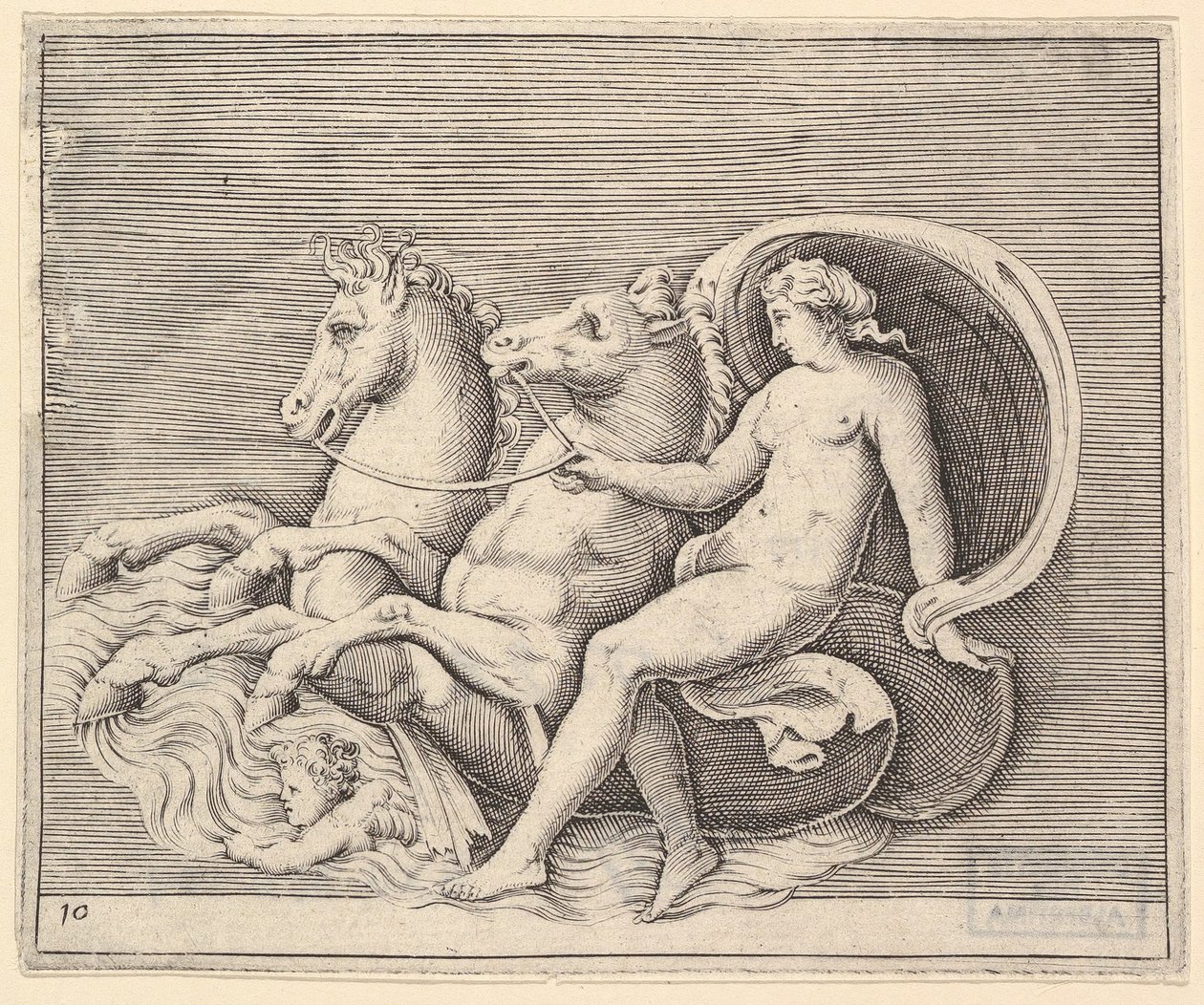 Nainen alaston kahdella merihevosella, julkaistu n. 1599-1622. tekijältä Unbekannt